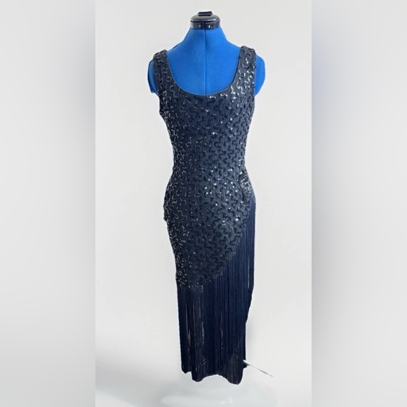 vintage 70s 80s dave and johnny sequin beaded Fringed Flapper Dress sleeveless - Picture 4 of 16